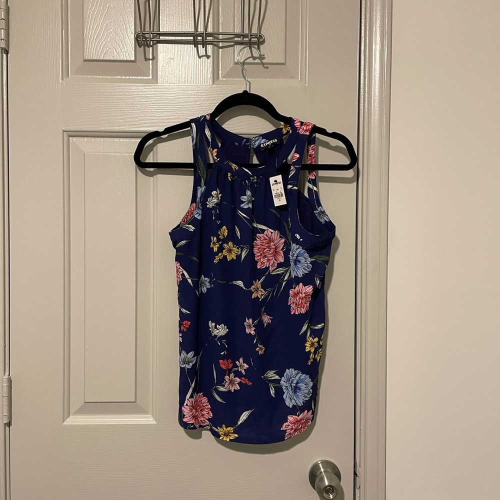 Express Blue Floral Cutout Top
